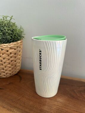 Starbucks Iridescent White Ceramic Cup  Swirl Tumbler Tall Mint Lid 12oz